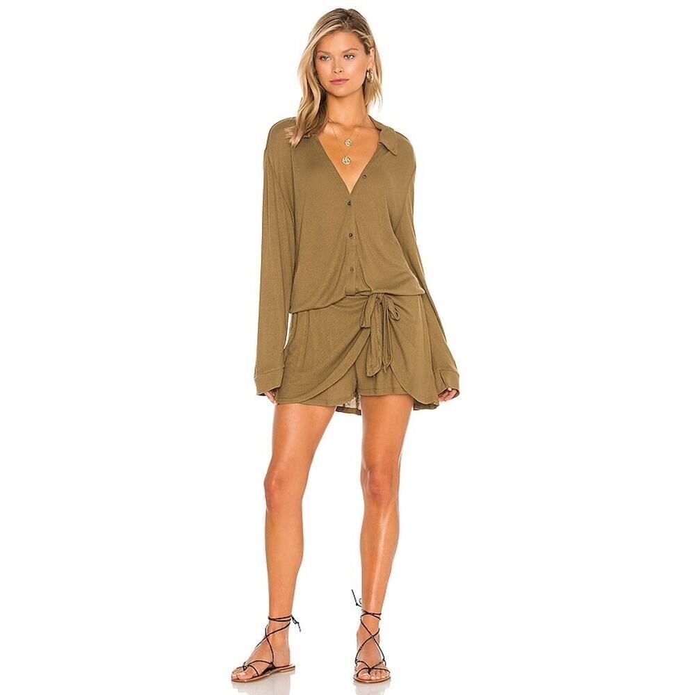 FREE PEOPLE X REVOLVE LIVELY GREEN VNECK TIE WAIST RIBBED BEACH ROMPER SMALL